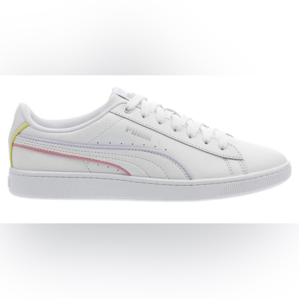 Puma Vikky V2 White Low-Top Sneakers with Pastel Pink, Purple & Yellow Stripes